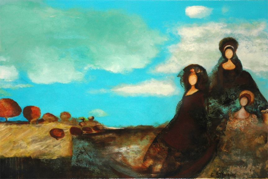 Three mysterious women look out at the viewer from a rich landscape under a vast sky. They wear fine garments, but their faces are featureless. This is an image of the painting Les Trois Soeurs (The Three Sisters) by the Quebecoise artist Claude St-Jacques.